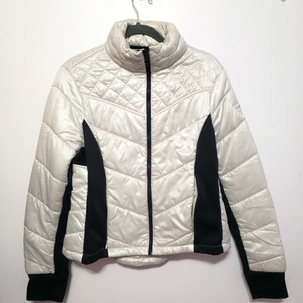 Guess Women's Puffer Jacket in Cream and Black With Zip Collar Hood~ Size XL